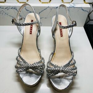 Prada Metallic Silver Braided Heels